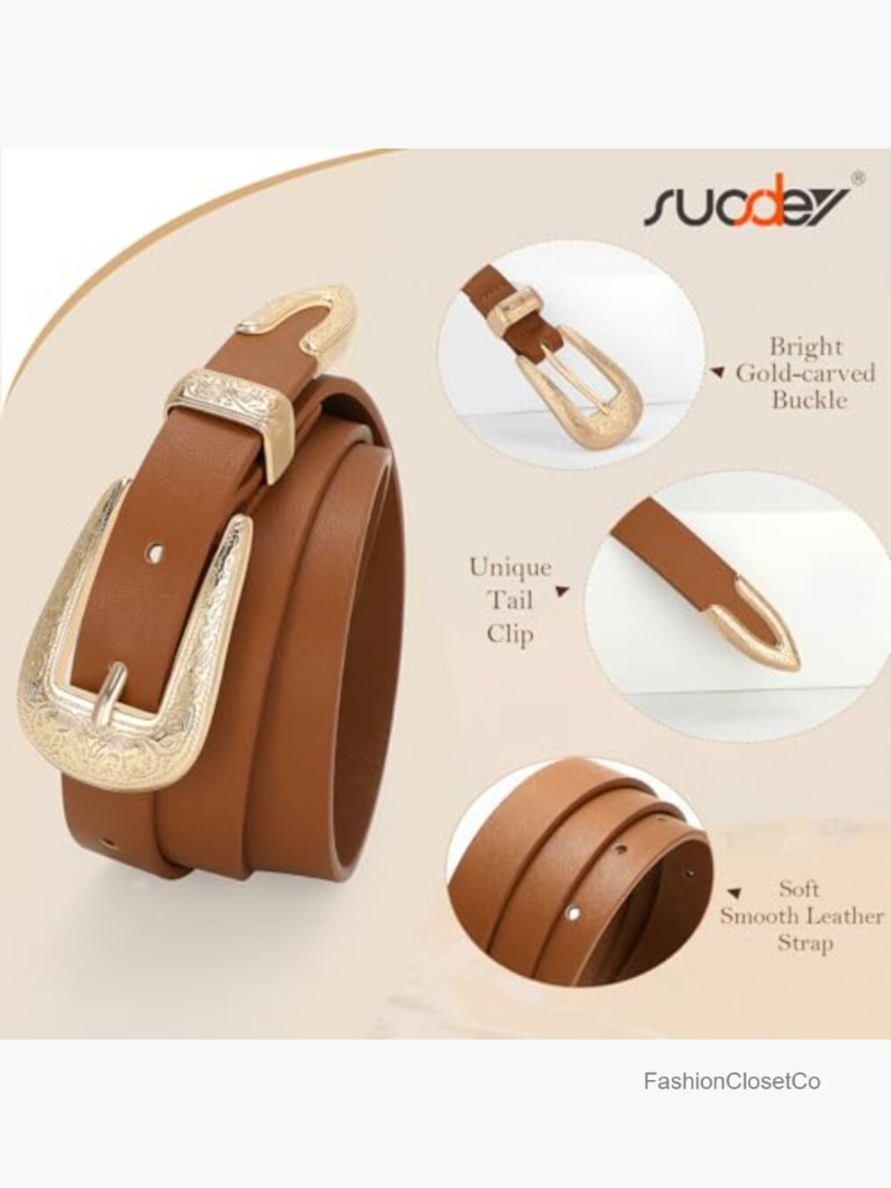 Western Skinny Vegan Leather Belt with Carved Buckle for Women - 0.8" Width, 9 - Picture 3 of 7